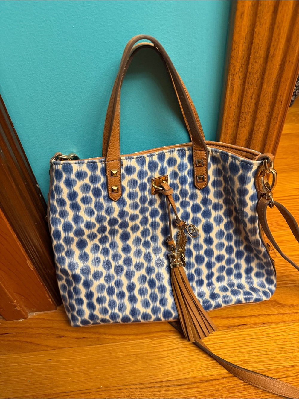 Jessica Simpson Blue and Brown Patterned Tote with Tassel Charm